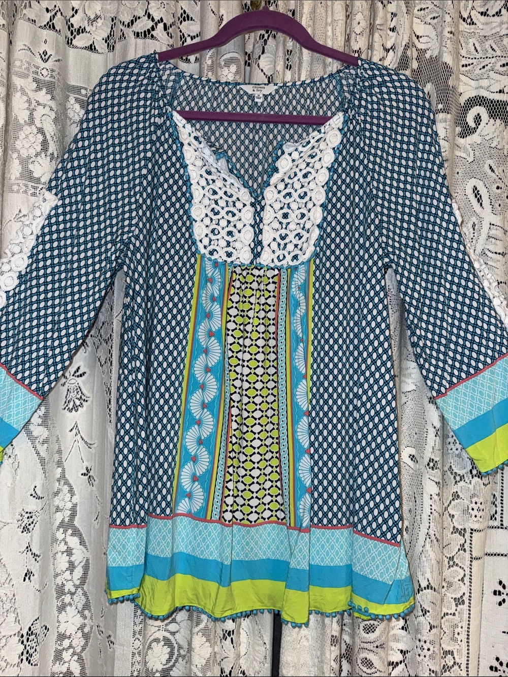crown & ivy Teal Patterned Tunic with Crochet V-Panel and Lime Accents